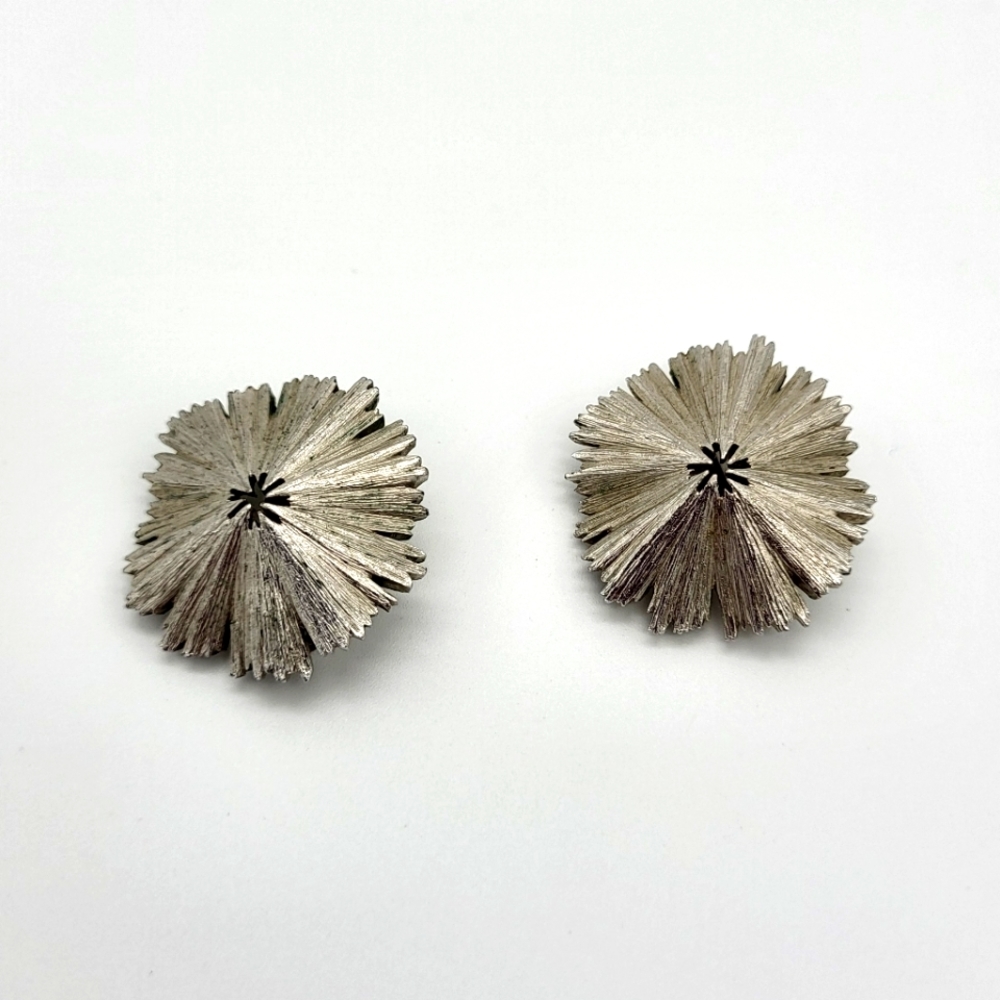Vintage Trifari Matte Silver Atomic MCM Starburst Sculptural Clip Earrings